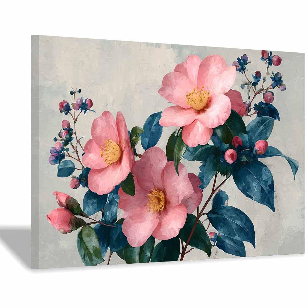 Xeniou Multicolor Flower Canvas Wall Art Vintage Pink Camellia Print Canvas Wall Art, For Living Room Bedroom Home Wall Decoration(Multicolor)-70X100cm Framed