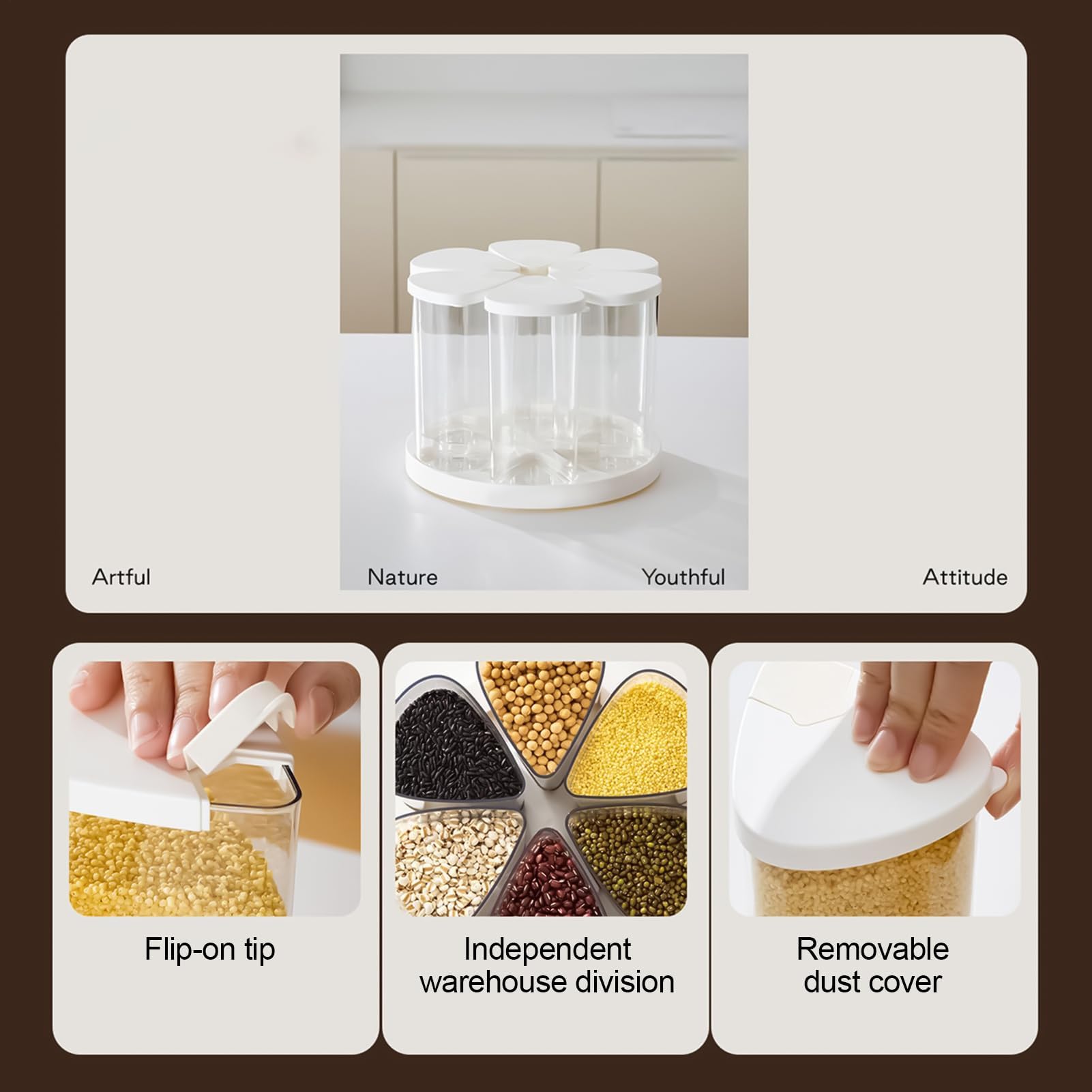 Dispensador de cereales giratorio de 6 compartimentos para cocina para arroz y granos, contenedor de almacenamiento para alimentos secos, caramelos, harina y soporte para azúcar