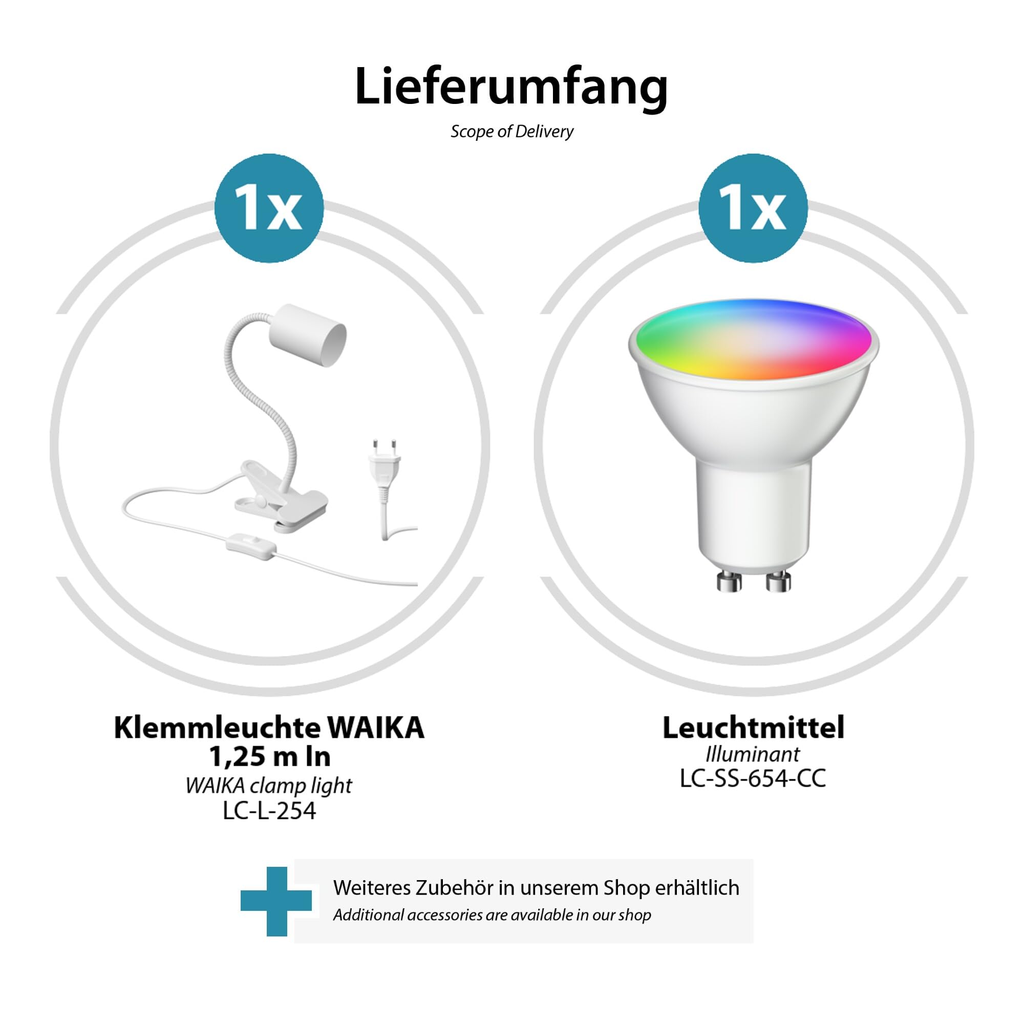 ledscom.de 2x Klemmleuchte WAIKA mit Schwanenhals und Schalter weiß matt, inkl. Smart Home RGBW GU10 LED Lampe, 5,41W, 473lm