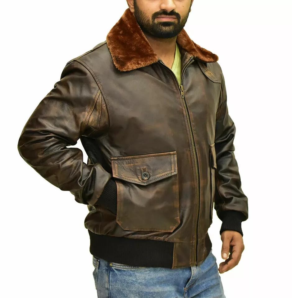 Men's US Navy G-1 Goatskin Leather Flight Bomber Jacket - Vintage Military Aviator Jacket2