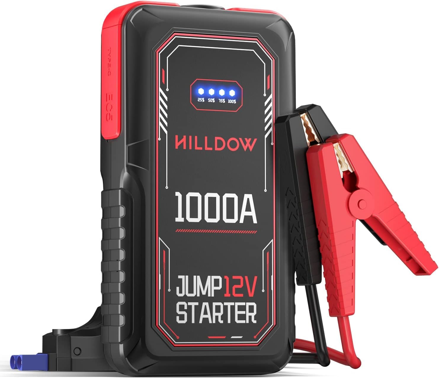 Hilldow Car Jump Starter 1200A Peak 44.4Wh (Up to 5.5L Gas, 3.5L Diesel) 12V Auto Battery Booster Portable Power Pack, Lithium Jump Box with Smart Jump Clamp, LED Light, Powerbank Quick Charge 3.0