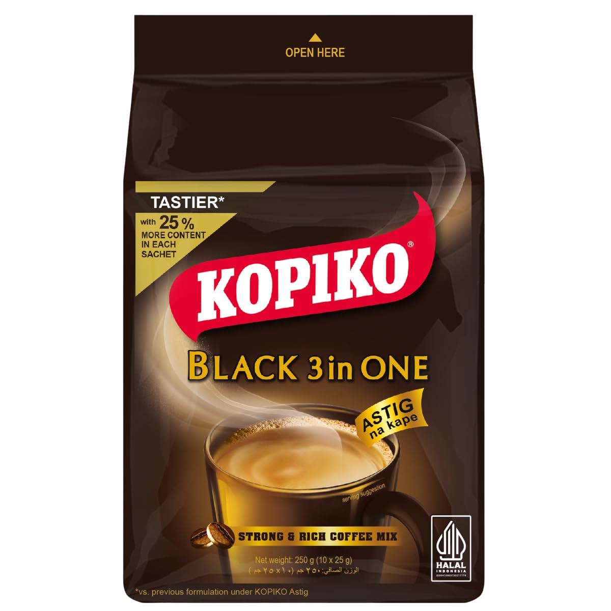 Black 3 in 1 Coffee Mix, 10 Sachets, 25g Each, Strong & Rich Instant Coffee with Creamer & Sugar