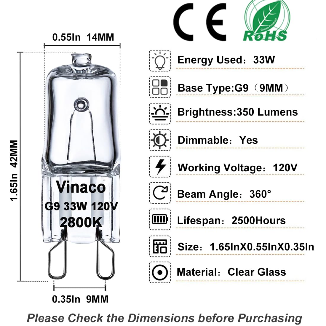 Vinaco G9 Halogen Bulb 33W, 10 Pack G9 Bulbs Warm White 2800K, Halogen Dimmable No Strobe, No Flicker Capsule Bulb - Image 2
