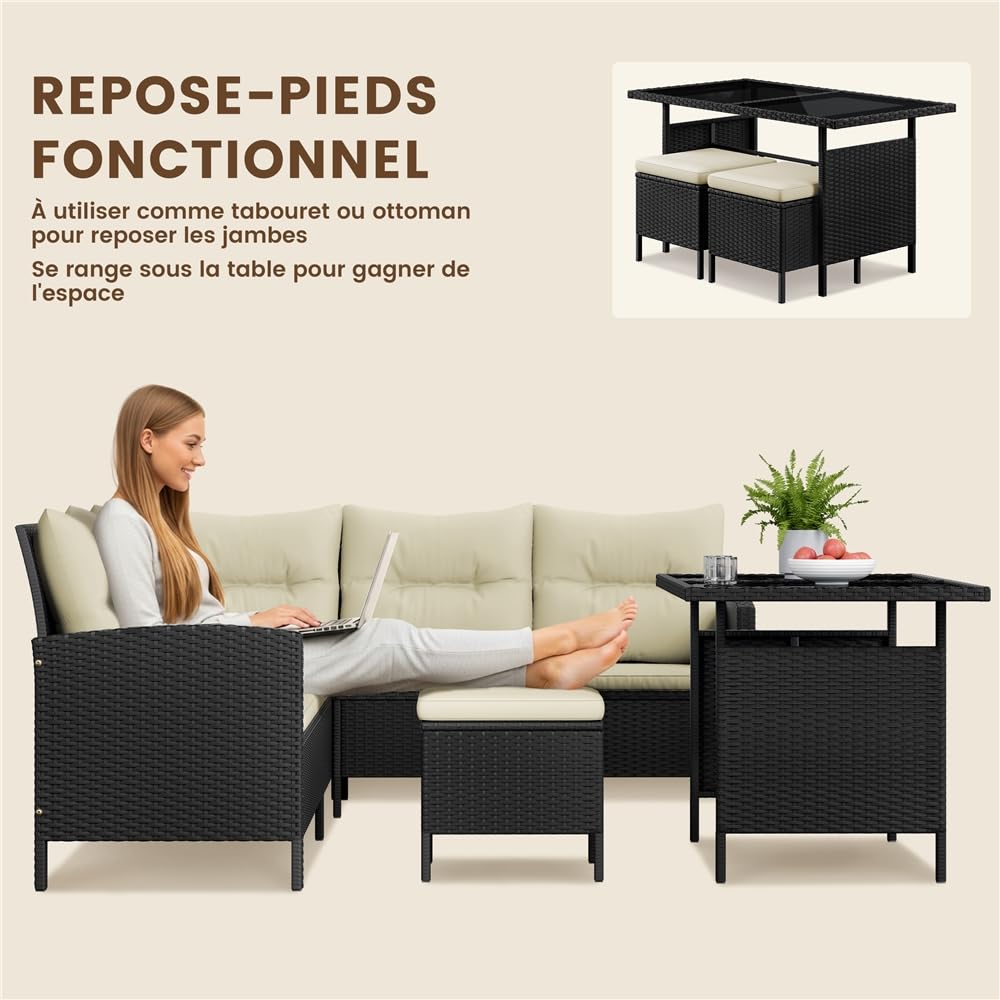 Yaheetech Ensemble Salon de Jardin en polyrotin Lot de Mobilier 4 Pièces Canapés Extérieur avec Table et Ottomans Meubles pour Balcon Terrasse Véranda Salon Noir/Beige