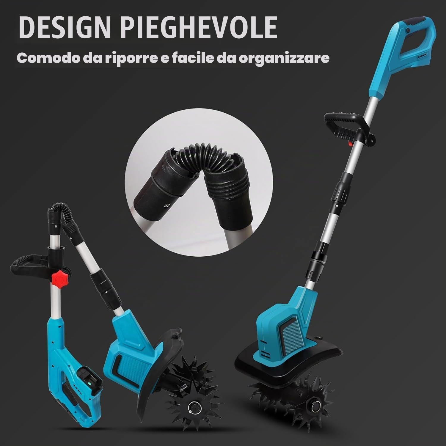 GrecoShop Elettrozappa Motozappa Coltivatore a Batteria 21V con Doppia Batteria – Potente 270 RPM con 4 Denti in Acciaio, Profondità 18 cm e Larghezza 220 mm per Orto, Giardino e Aiuole