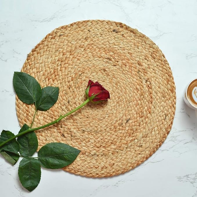Rugs Jute Braided Placemats -1 PEC Side Table Mats| Tabel | Reversible Floor Covering Rug | Runner for Living Room Bedroom Kichan (001-E, Table Round 35cm)