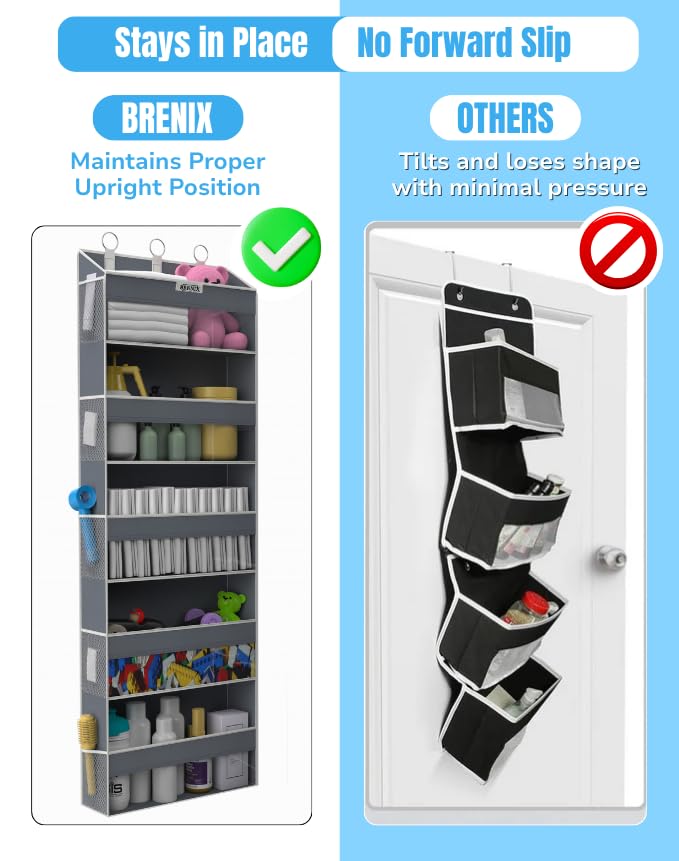 BRENIX Over the Door Organizer with 5 Large Pockets & 10 Mesh Side Pockets – Durable Hanging Storage for Closet, Bathroom, Bedroom, and Pantry – Space Saving Door Storage with Sturdy Metal Hooks.