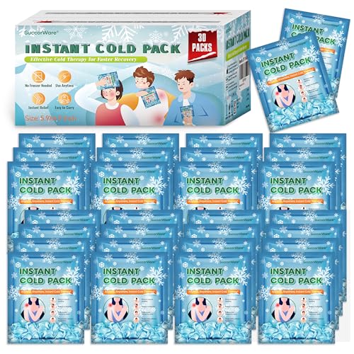 SuccorWare 30 Pack Instant Ice Packs for Injuries(4.9''x5.9'') Disposable Cold Packs for Pain Relief, Swelling, Sprains & Outdoor Activities