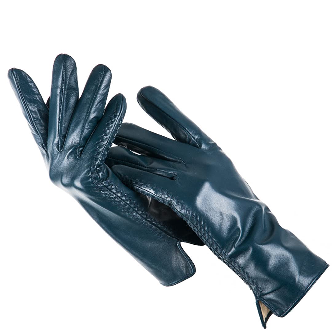 Guantes de cuero para mujer con forro polar cálido, guantes de conducción de cuero a prueba de viento para exteriores Lake Blue 7
