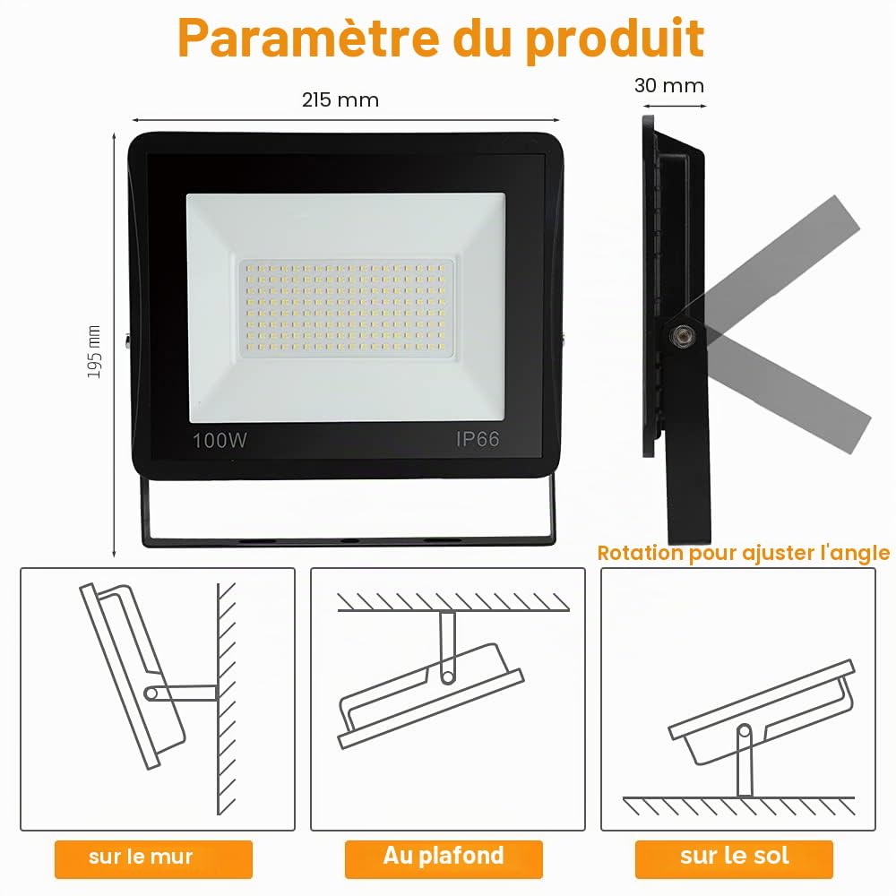 Daromigo Projecteur LED Extérieur 100W - 4 Pièces, 8500lm, 3000K Blanc Chaud, IP65 Étanche - Pour Cour, Garage, Couloir