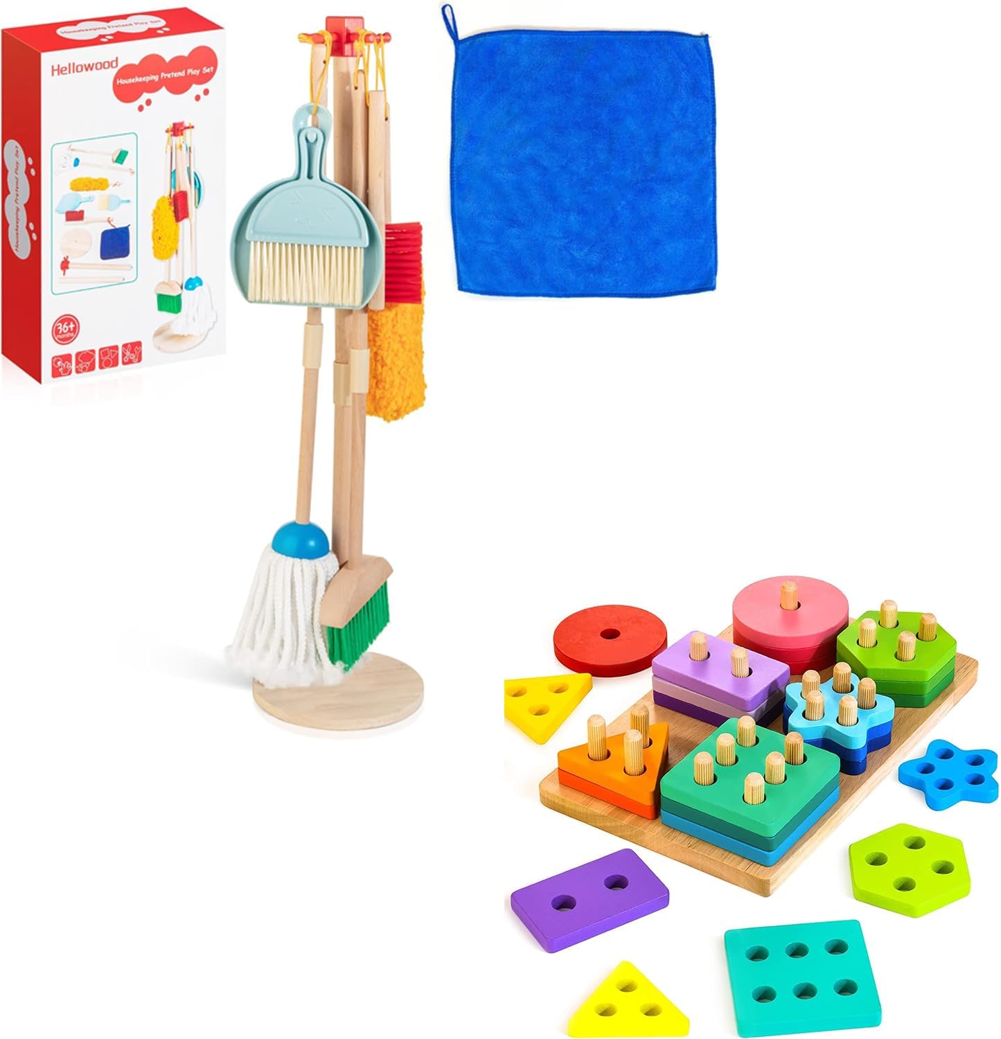 8 Pcs Wooden Housekeeping Play Set & Wooden Sorting & Stacking Toys Bundle