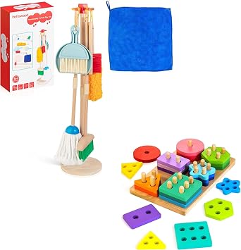 8 Pcs Wooden Housekeeping Play Set & Wooden Sorting & Stacking Toys Bundle