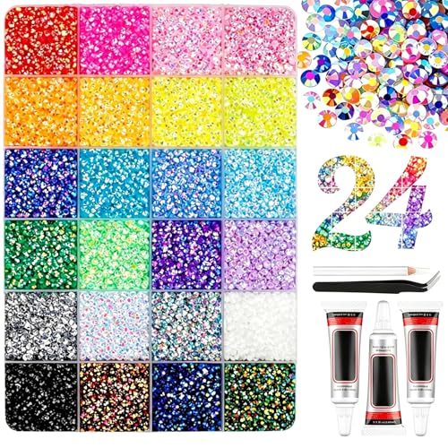 24000Pcs 24 Colors Resin Jelly Rhinestones Kit for Bedazzling Mix Color Flatback Gems Kit with Rhinestones 3MM SS10 Colorful Bedazzling Gems with Jewelry Glue for Crafting Nail Art Shoes Books