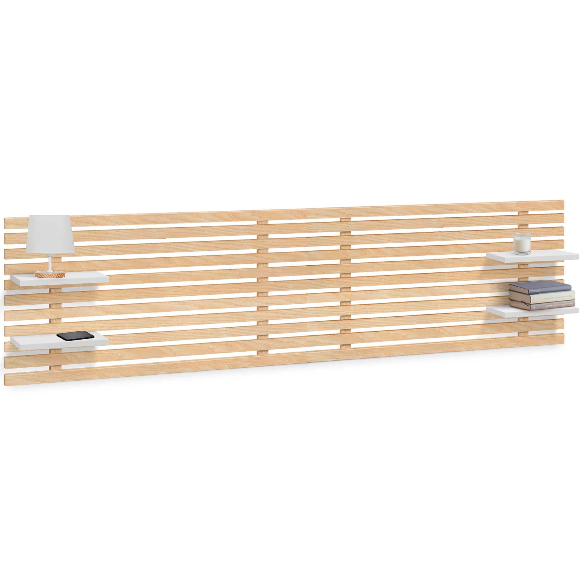DHOME Cabecero con Estantes de Madera reciclada DM Colgante Pared Estilo Palet Cama Vintage Nordico Herrajes incluidos (Estilo Japonés, Madera Natural/Blanco, 210cm)