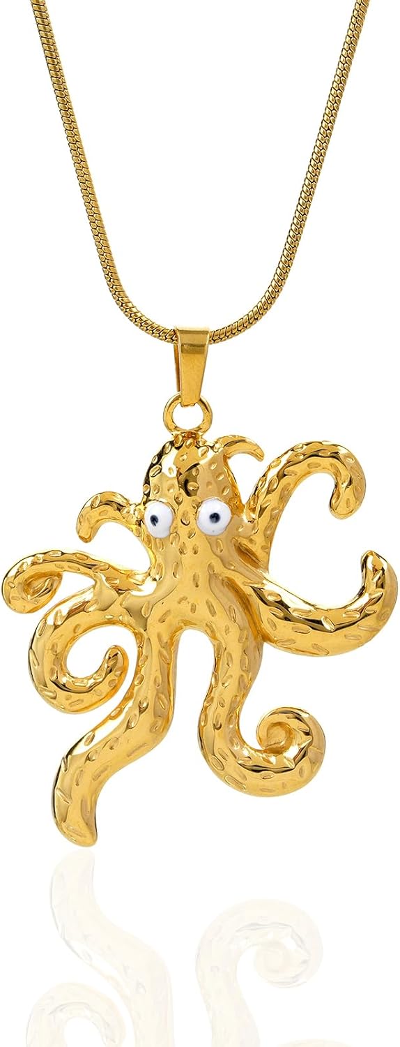 Jellyfish/Starfish/Octopus/Conch Necklace 18K Gold Plated Sea Life Pendant Herringbone Snake Chain Jewelry for Women