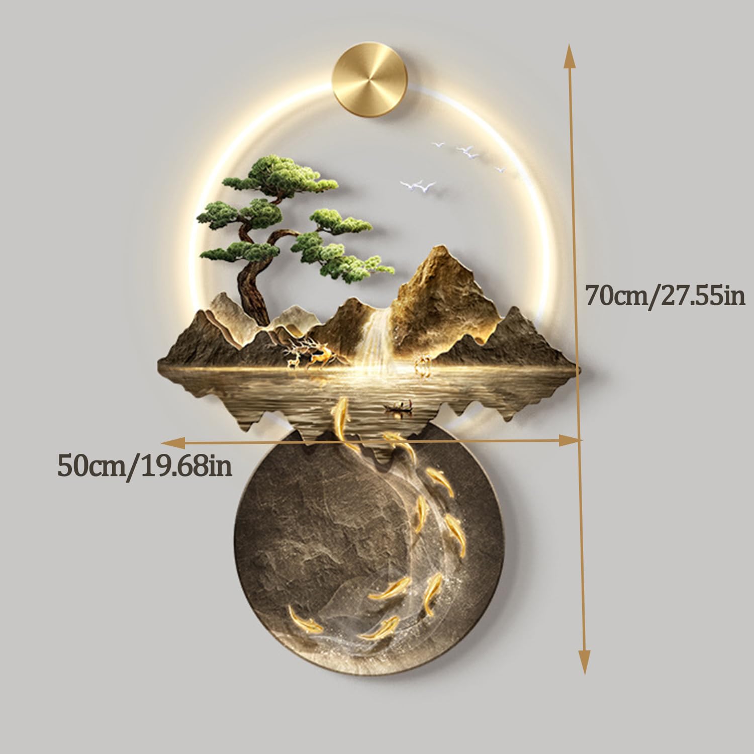 3D Wandmalerei Wand hängende Skulptur, 3D-Wandgemälde mit Licht, Wandskulptur aus Metall, luxuriöse Wanddekoration mit Bergwasserbaum, orientalisches Dekor, Landschaftsgemälde for Aufhängen(B,90L x 60