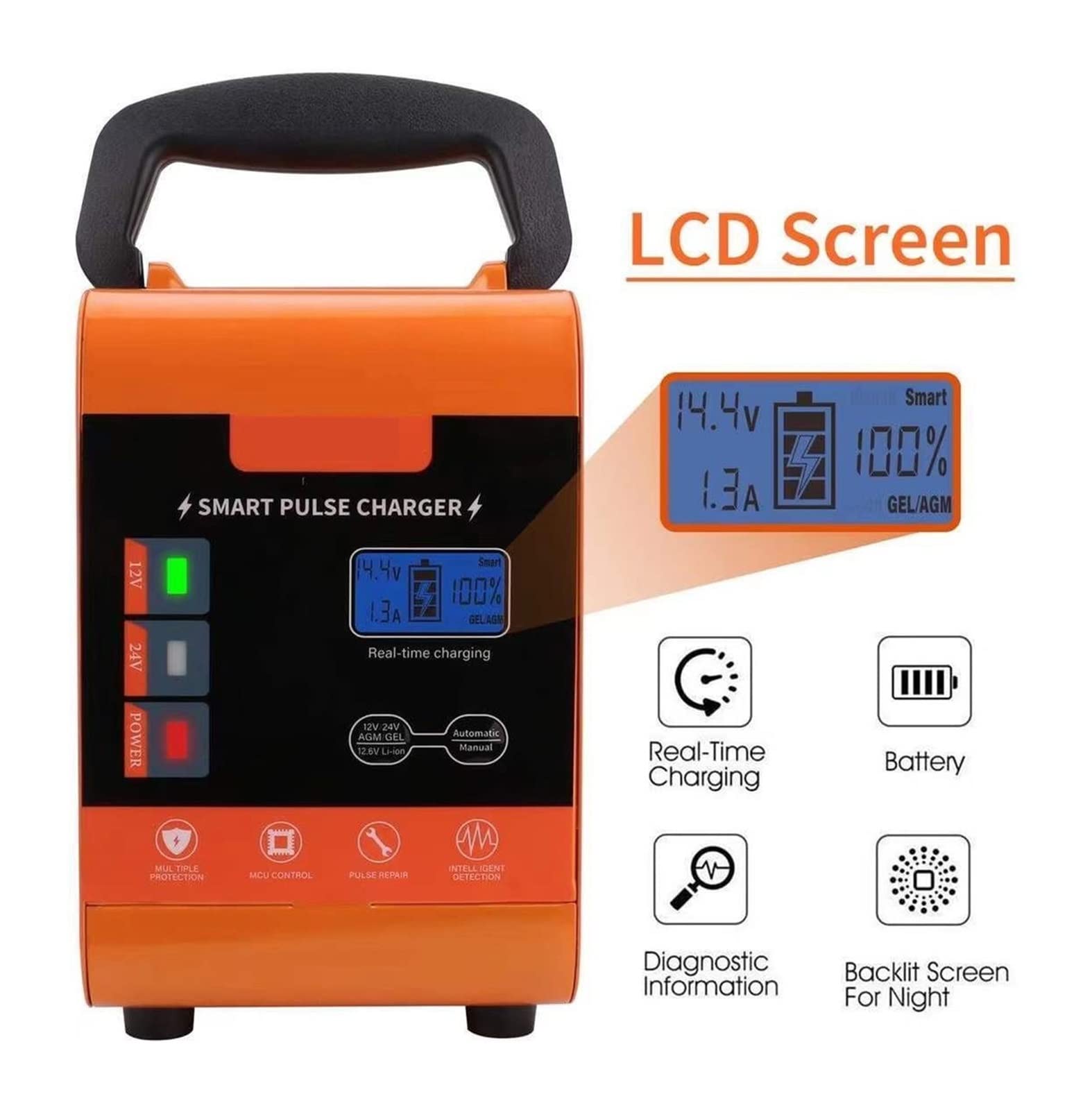 Ładowarka Baterii, Przenośna ładowarka samochodowa 600W ładowarka samochodowa 12V 24V uniwersalna 50A/30A szybkie ładowanie urządzenie do ładowania baterii do samochodu ciężarowego SUV(Oranje)