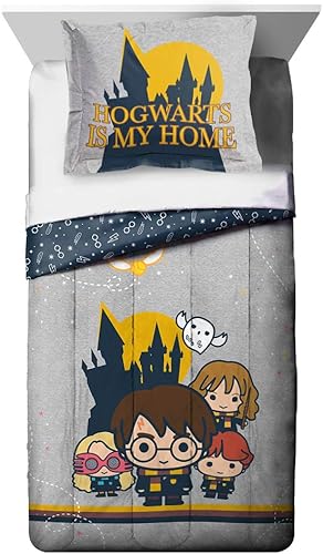 Juego de edredón y funda de almohada de Harry Potter Charms, tamaño individual, ropa de cama reversible súper suave para niños con Harry, Ron,