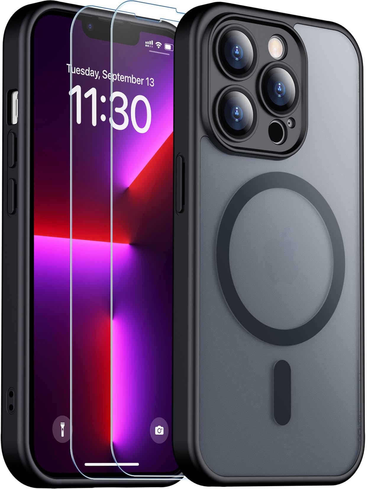 SPIDERCASE Designed for iPhone 13 Pro Case, Magnetic Translucent [2 Pcs Tempered Glass Screen Protector] [Full Camera Protection] Anti-Fingerprint Anti-Scratch for iPhone 13 Pro 6.1”, Black