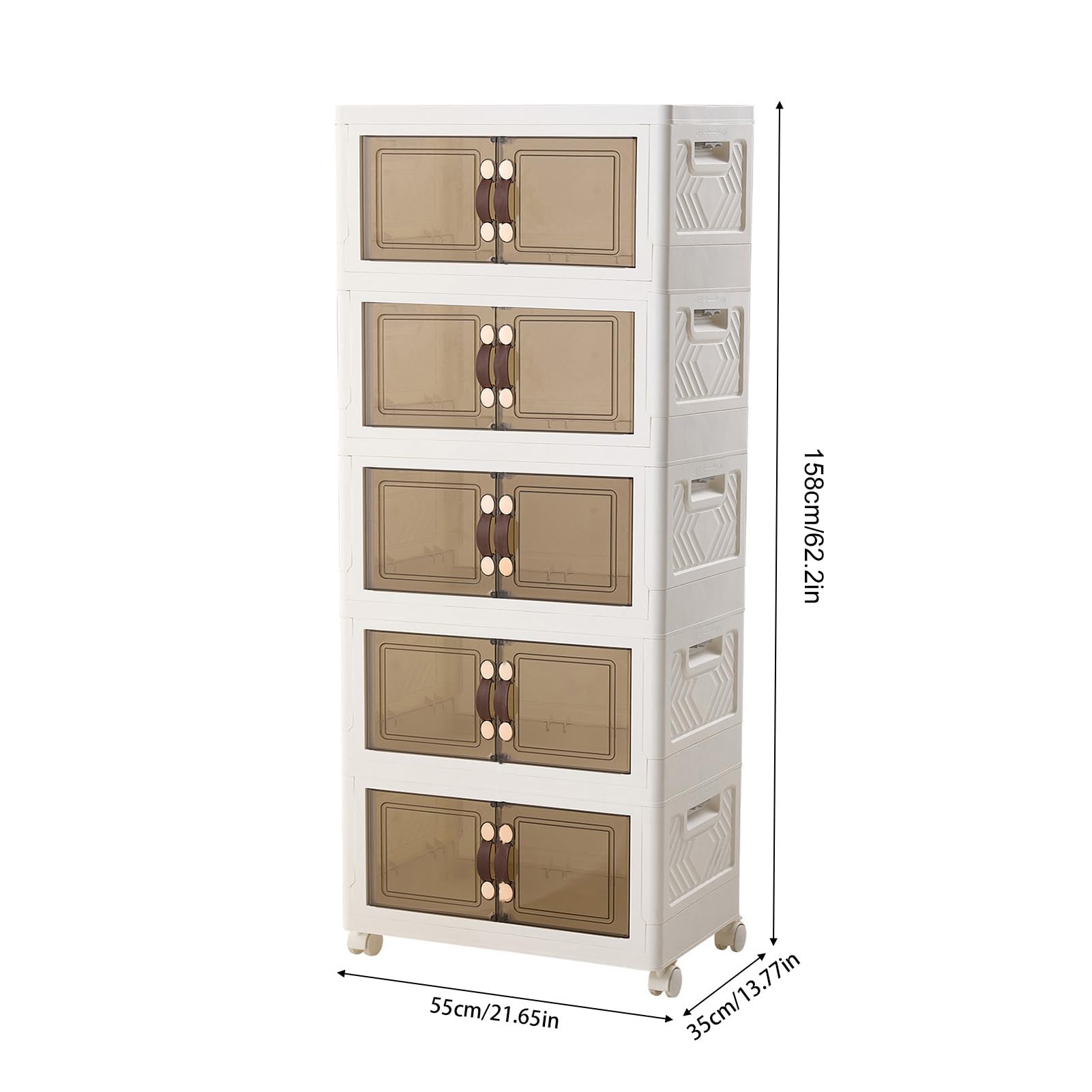 Zusammenklappbare Aufbewahrungsbox mit Doppeltür, 69L*5, weiß, auf Rollen | 55cm zusammenklappbare Aufbewahrungsbehälter aus Kunststoff mit Rollen als Schrankorganizer für das Homeoffice, 5 Ebenen