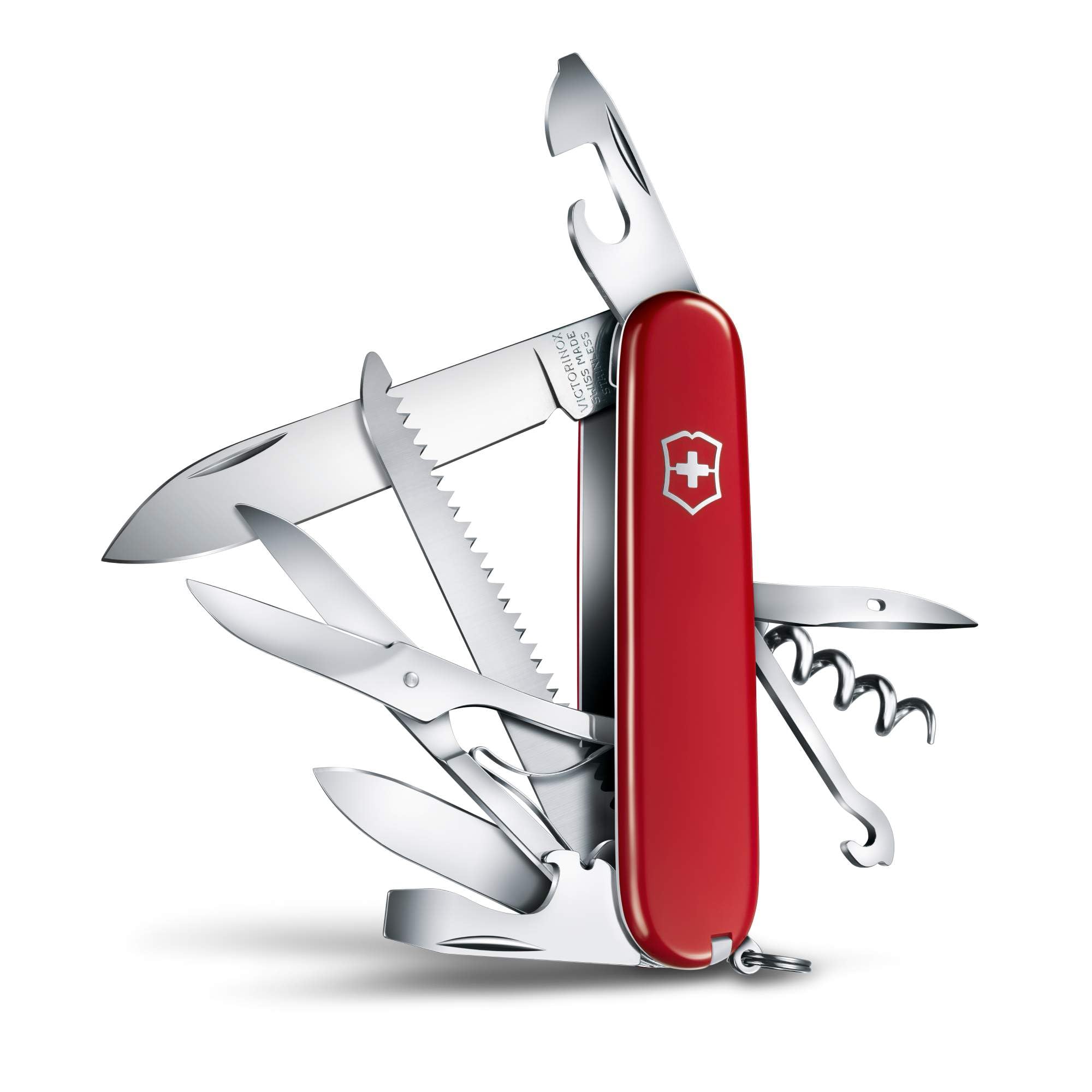 Huntsman Swiss Army Knife, Medium, Multi Tool, Camping Knife, 15 Functions, Large Blade, Bottle Opener, Red