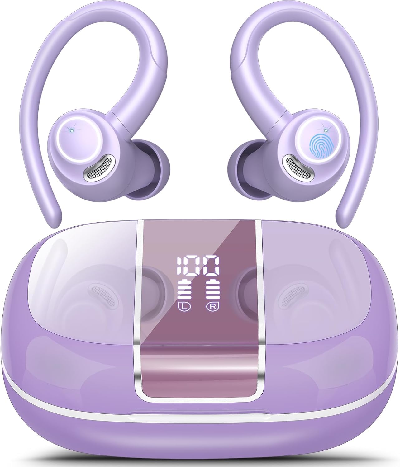 Csasan Auriculares inalámbricos Deportivos, Cascos Sonido Premium | 48H Bluetooth 5.3 Auriculares con HD Micrófono y Pantalla LED, Diseño de Gancho de Aire, iOS Android para Deportes, Púrpura