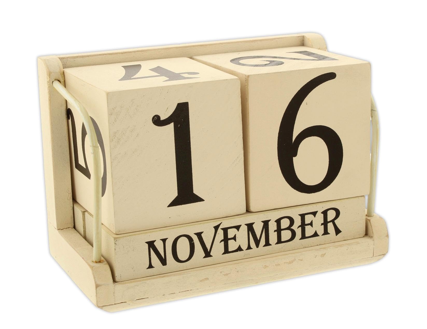 The Bridge Collection Cream Wooden Block Calendar - Weathered Wood Perpetual Calendar for Desk - Rustic Monthly Date Display for Office or Home