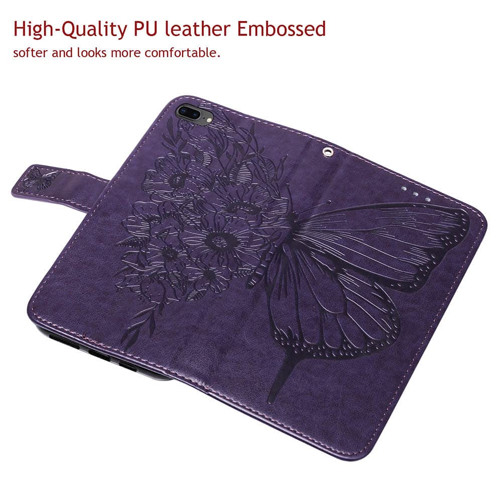 Moment Dextrad for iPhone 7/8 Plus Wallet Case, 6/6S Plus Case, Butterfly Floral Embossed, Wrist Strap, Card Holder Slots,Stand Leather Protective Flip Cover (Purple)