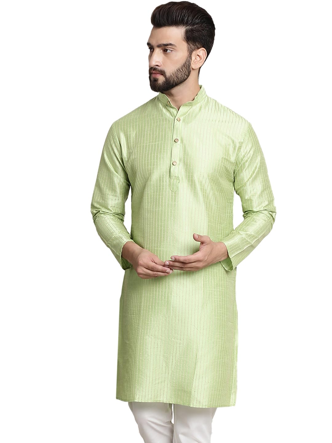 Sojanya (Since 1958 Men's Silk Blend Green Color Striped Design Only Long Kurta