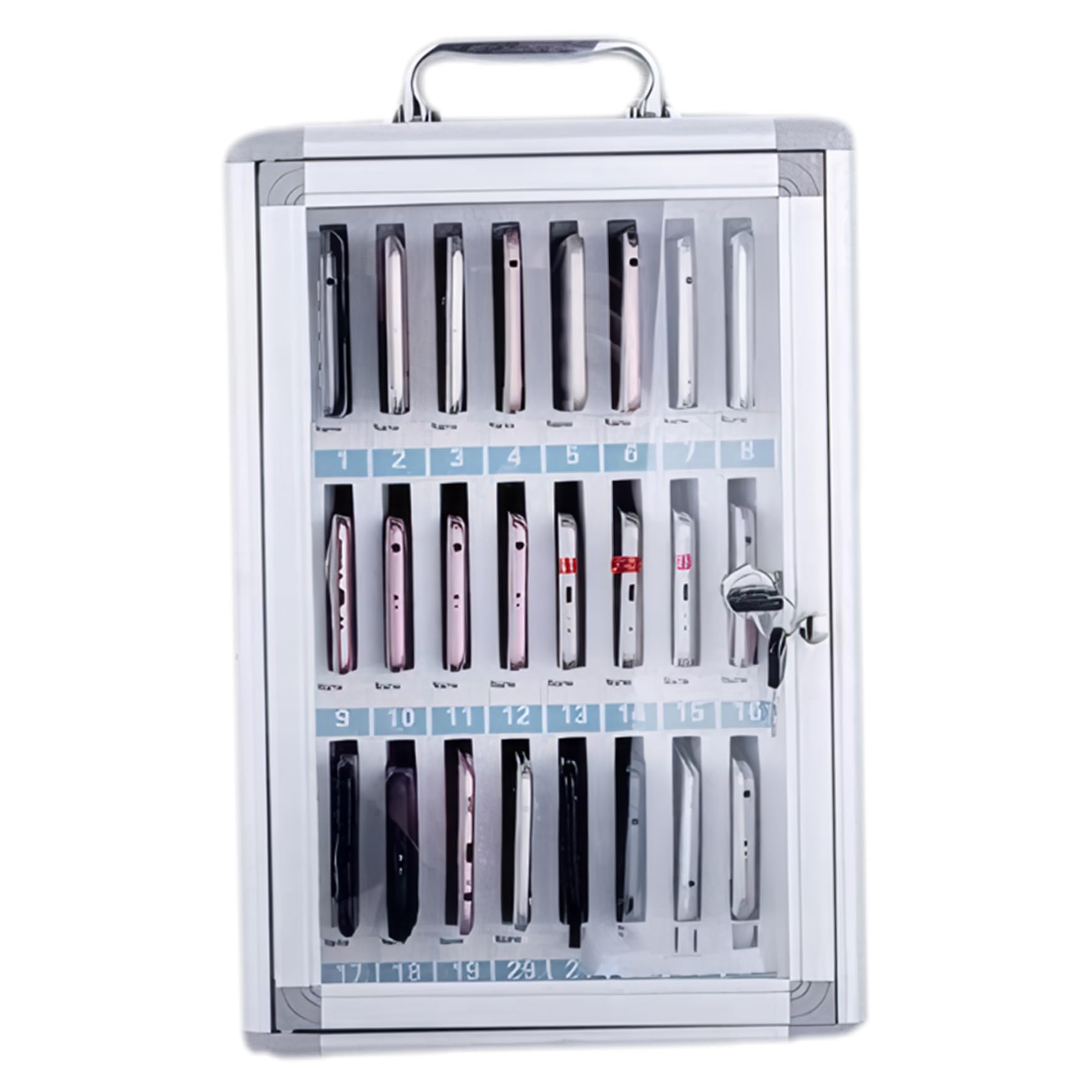 Caja de bloqueo del teléfono celular 24 Ranurcos Locker de teléfonos celulares Aleación de aluminio Aleado de la pared Mundido de la tabla de bolsillo con orificios de disipación con bloqueo, manija