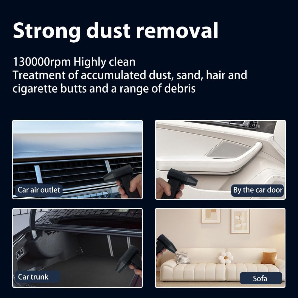 Four images demonstrating the turbo fan's use: cleaning a car air outlet, car door panel, car trunk, and a sofa, highlighting its versatility for strong dust removal.