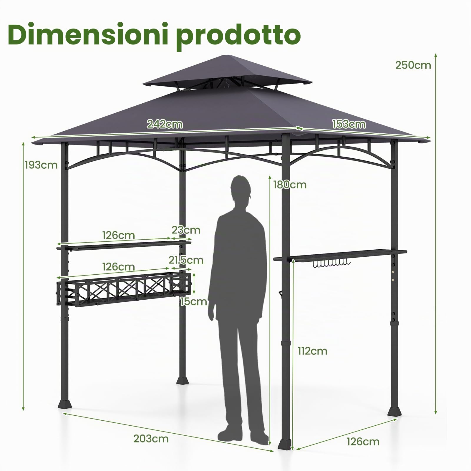 HOMASIS Gazebo per Barbecue con Tettoia Laterale, Pergolato da Giardino con Doppio Tetto, 2 Tavoli e Ganci, Pergola Addossata per Esterno, Gazebo per griglia/BBQ (Grigio Scuro, 242 x 153 x 250 cm)