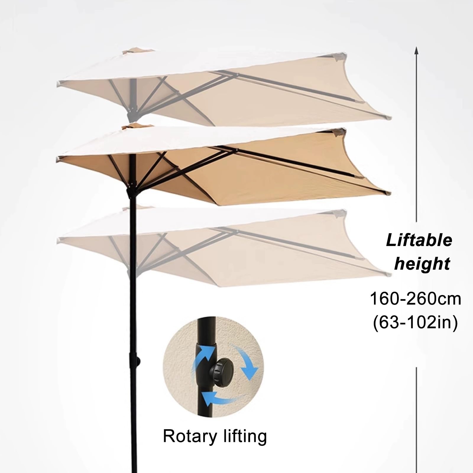 Półprostokątny parasol tarasowy na zewnątrz – regulowana wysokość na balkon, do ogrodu i tarasu, oszczędzająca miejsce konstrukcja zawiera stabilną półokrągłą podstawę, idealny do kawiarni i jadalni