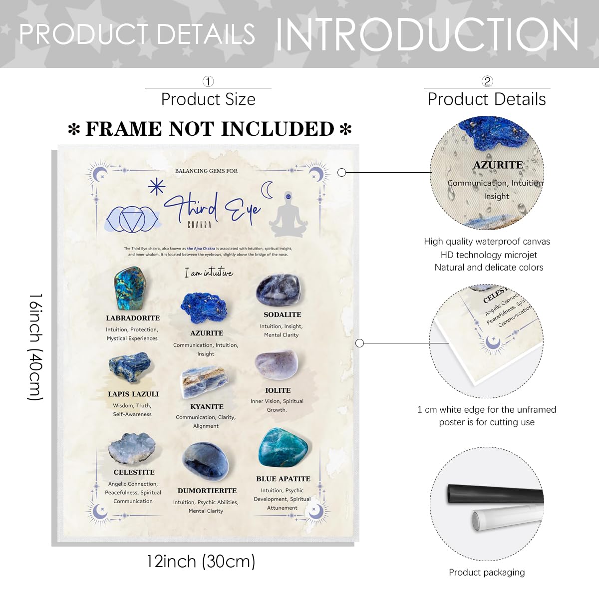 GUANKE 7 chakra chart Yoga Poses poster Yoga crystals and healing stones wall Decor Art Print?Chakra Yoga stones chart poster for Beginners Yoga Zen Room Decor, blue