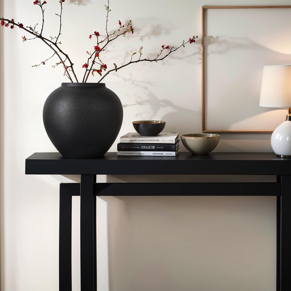 Mattschwarze Keramikvase ca. 21 cm, Moderne rustikale Deko Vase für Pampasgras, Blumen und Grün, Runde Tischvase als Centerpiece für Wohnzimmer, Flur und Regal
