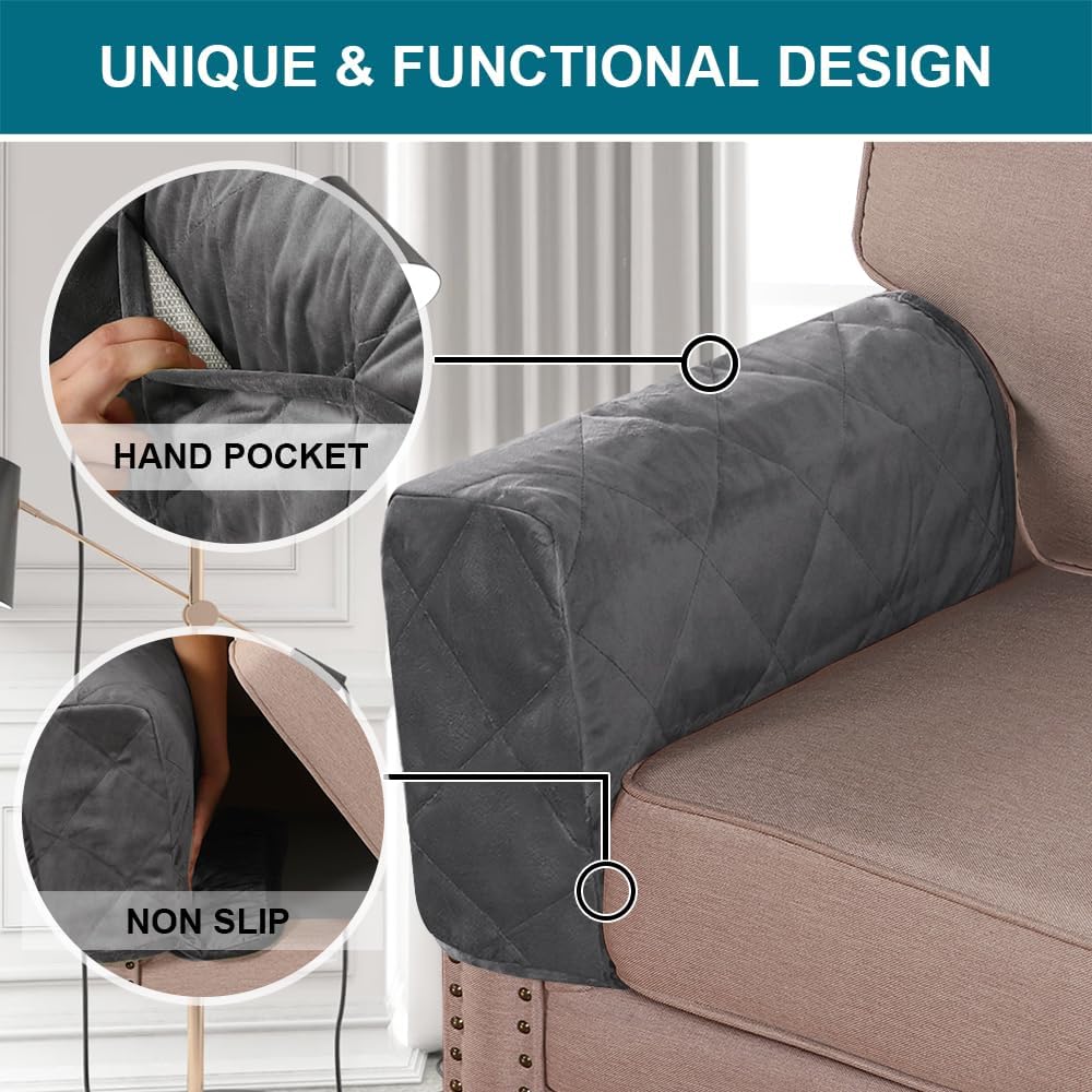 Turquoize Velvet Armrest Covers for Chairs and Sofas Couch Armrest Cover for Recliner with Side Pocket Non-Slip Arm Covers Protector for Dogs Washable Armrest Slipcovers Set of 2, Gray