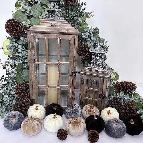 Image of Winlyn 12 Pcs Small Assorted Faux Velvet Pumpkins Decorative Fabric in White Black Gray Taupe Foam Pumpkins 3 inch for Farmhouse Fall Wedding Thanksgiving Halloween Table Centerpiece Mantel Decor