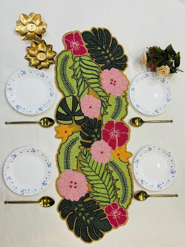 Image of MFU Made For You Hand Beaded Multicolor Floral Table Runner | 13x35 Inches | Pack of 1 | Dining Table Decor | Console Table Accent | Festival & Home Decoration