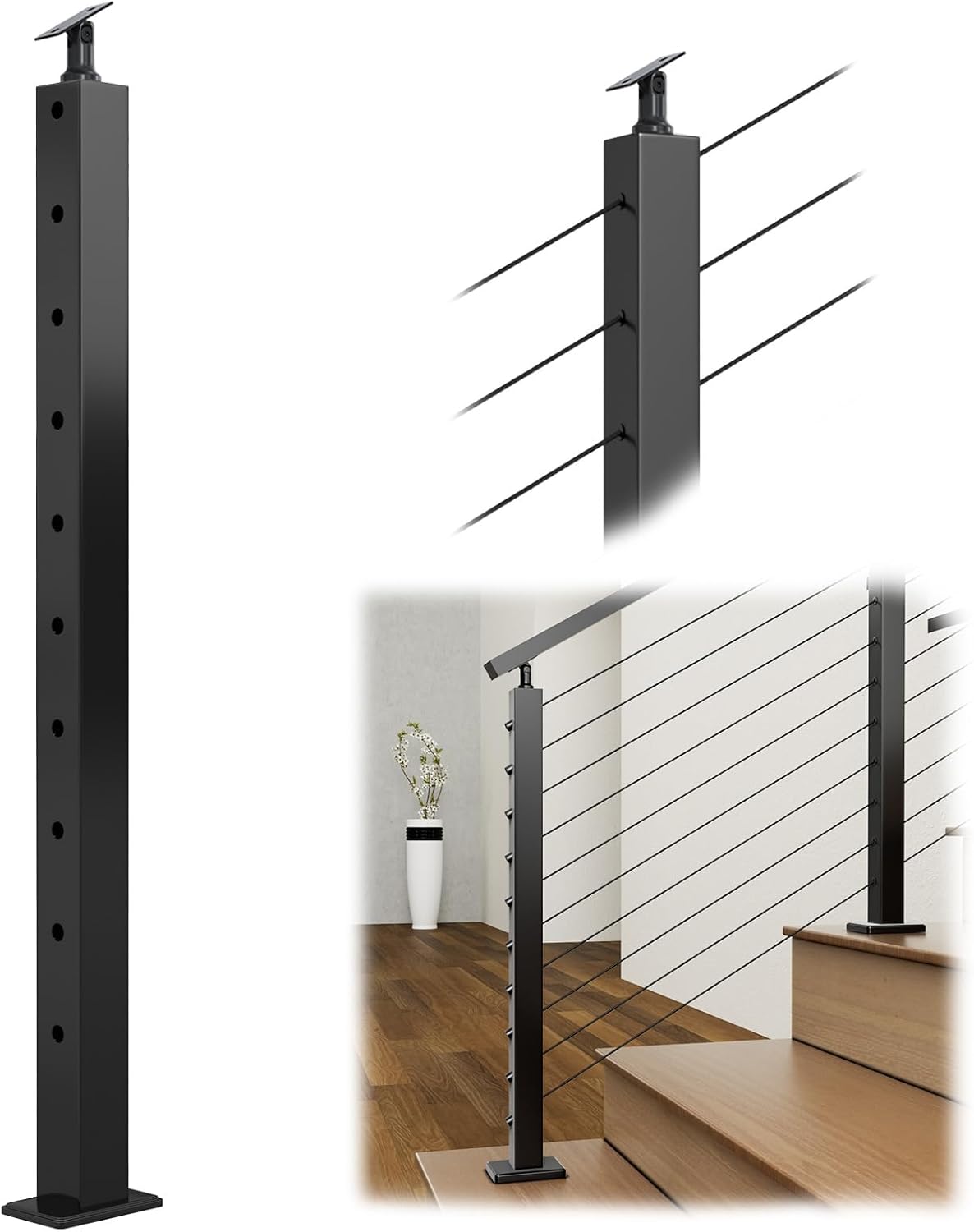 Muzata Black Stair Cable Railing Post 36 Inch for 25-35 Degrees Stair 36"x2"x2" Surface Mount T304 Stainless Steel Cable Railing System Kit Indoor Outdoor with Paper User Guide PS01 BA4S 36" Stair post