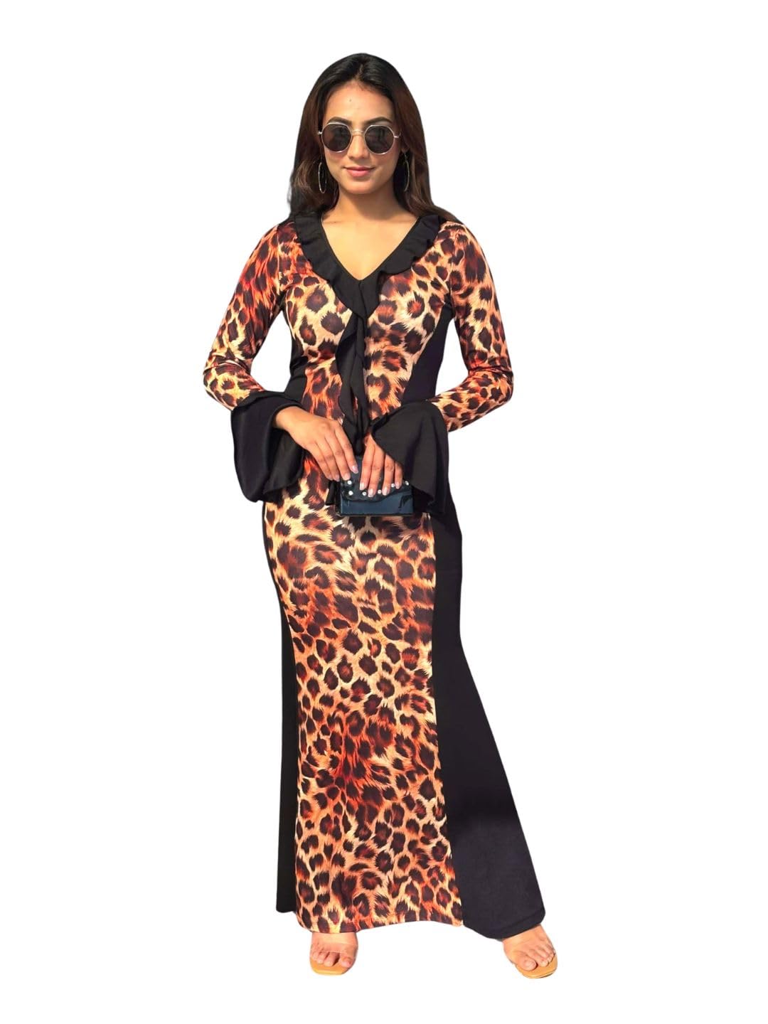 tandul Women's Animal Print Cotton Blend Multicolor Dress - with Maxi/Full Length Flared Sleeve V-Neck Bodycon for Women - Soft & Breathable & Comfortable Outfits (11920)-picture-52
