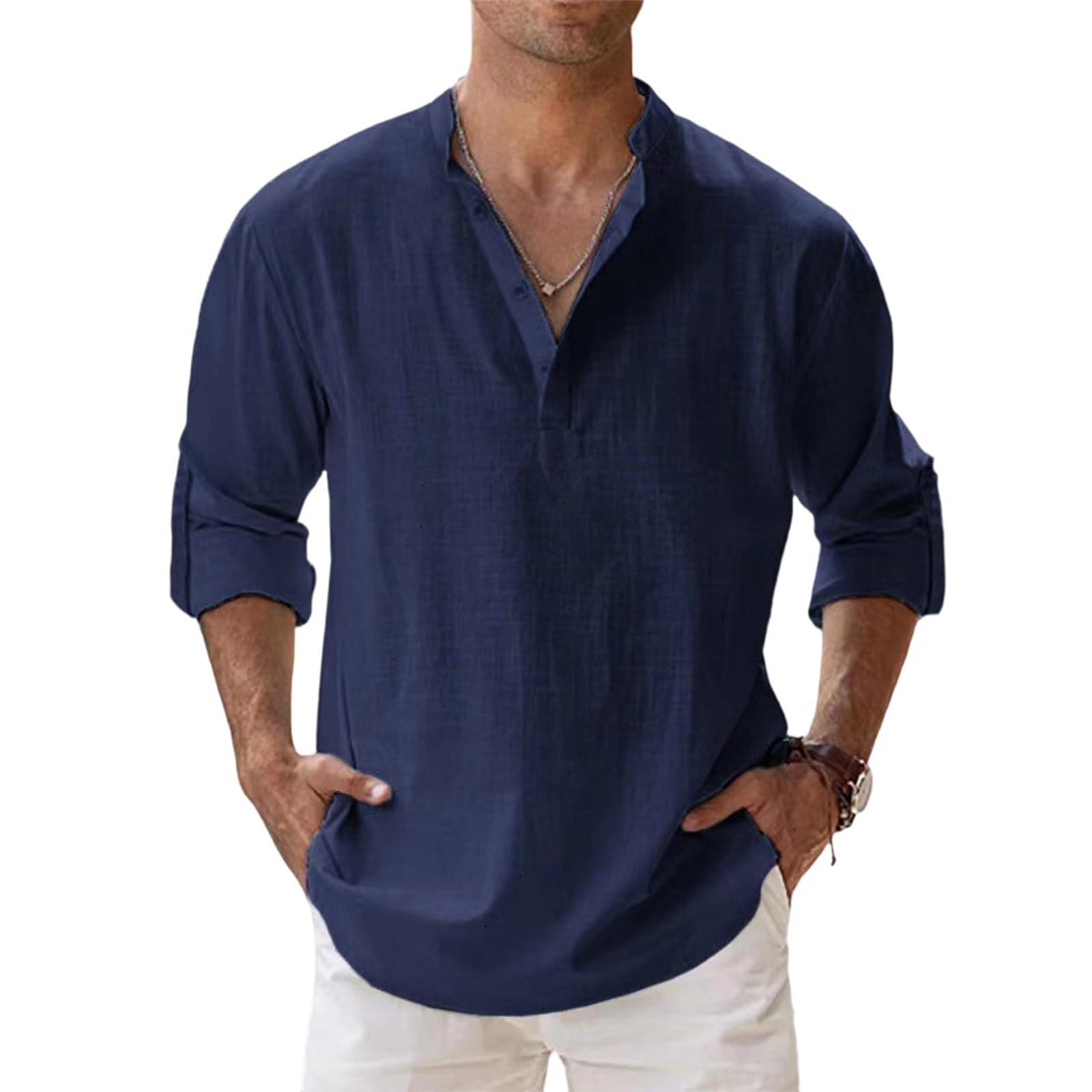 Men's Cotton Linen Henley Shirt Long Sleeve Hippie Tops Casual Beach Blouse Summer Loose Band Collar Basic Tees