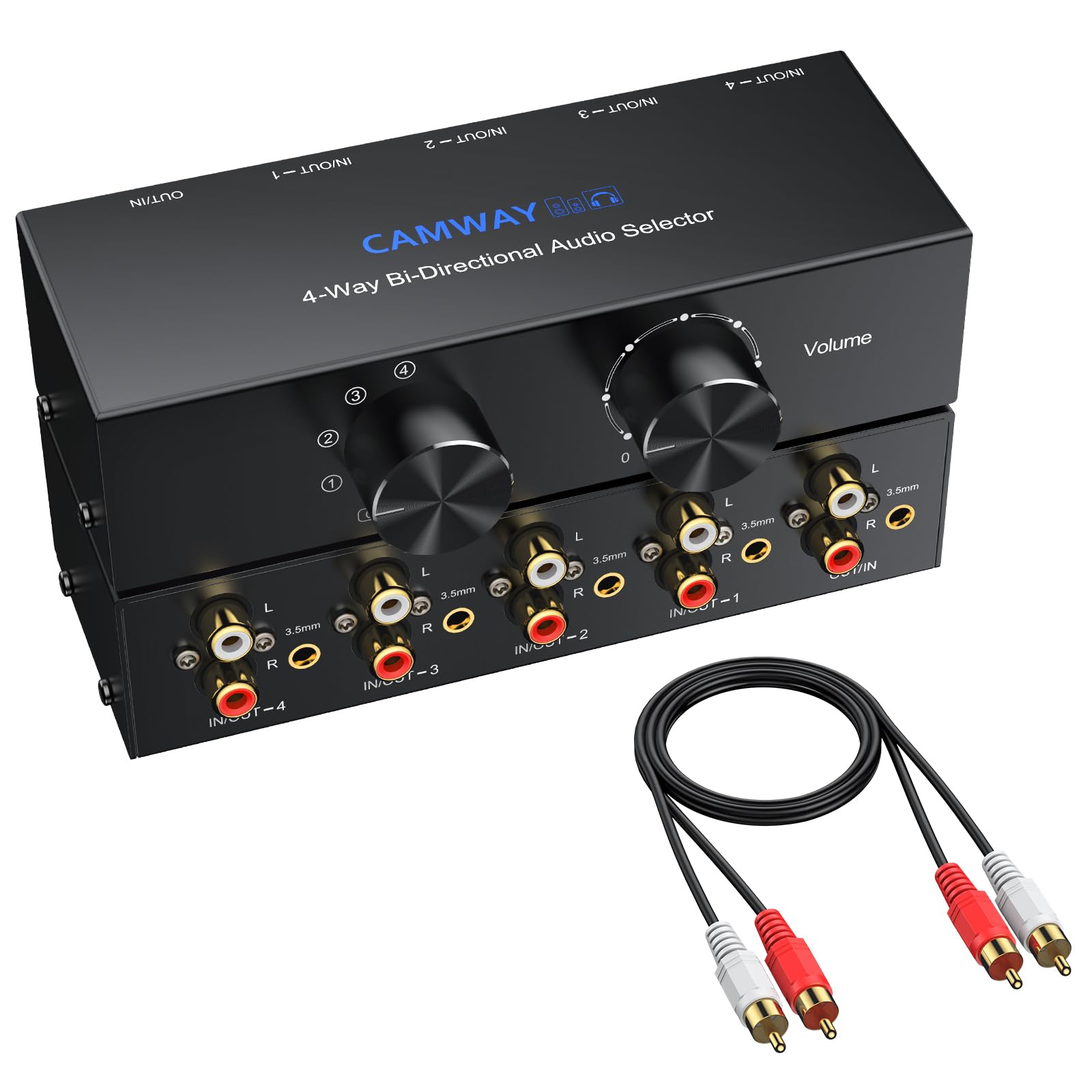CAMWAY 1X4/4X1 Commutateur Audio Bi-Directionnel RCA & 3.5mm – Commutateur Stéréo à 4 Sorties ou Entrées, avec Fonction Off et RCA Inclus, Compatible PC, Smartphone, Amplificateur et Casque