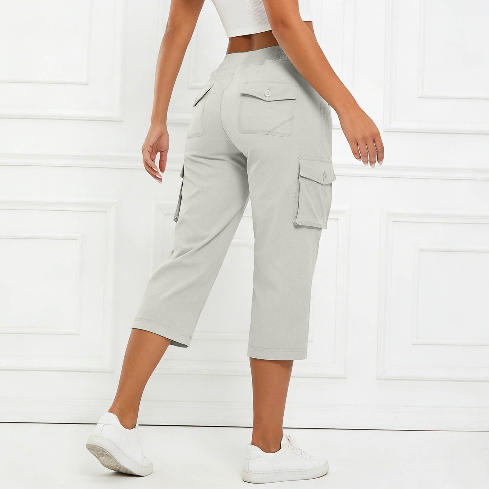 Pantaloni in Lino Donna Pantaloni Capri Cargo da Donna con Tasche, Vita Semi Elasticizzata, Sportivi con Bottoni, Leggeri da Trekking. Lino Estivo