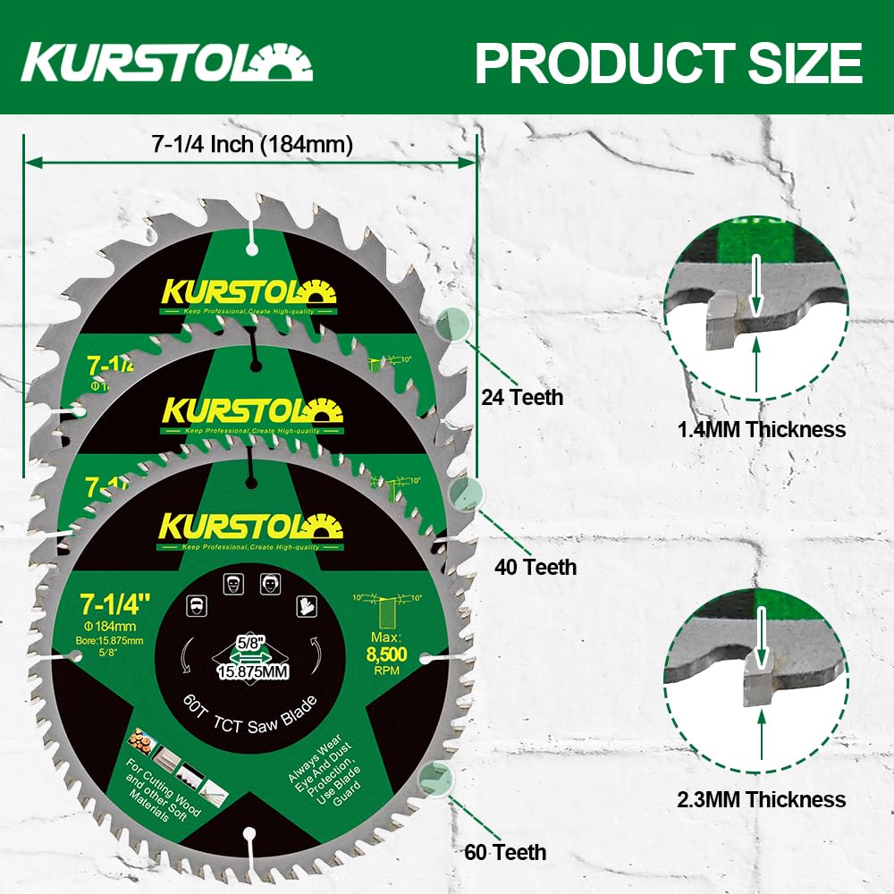 KURSTOL Circular Saw Blade 184mm, 24&40&60T ABT Wood Cutting Saw Blade with 15.875mm Arbor for Wood Plastic, Plywood - Image 2