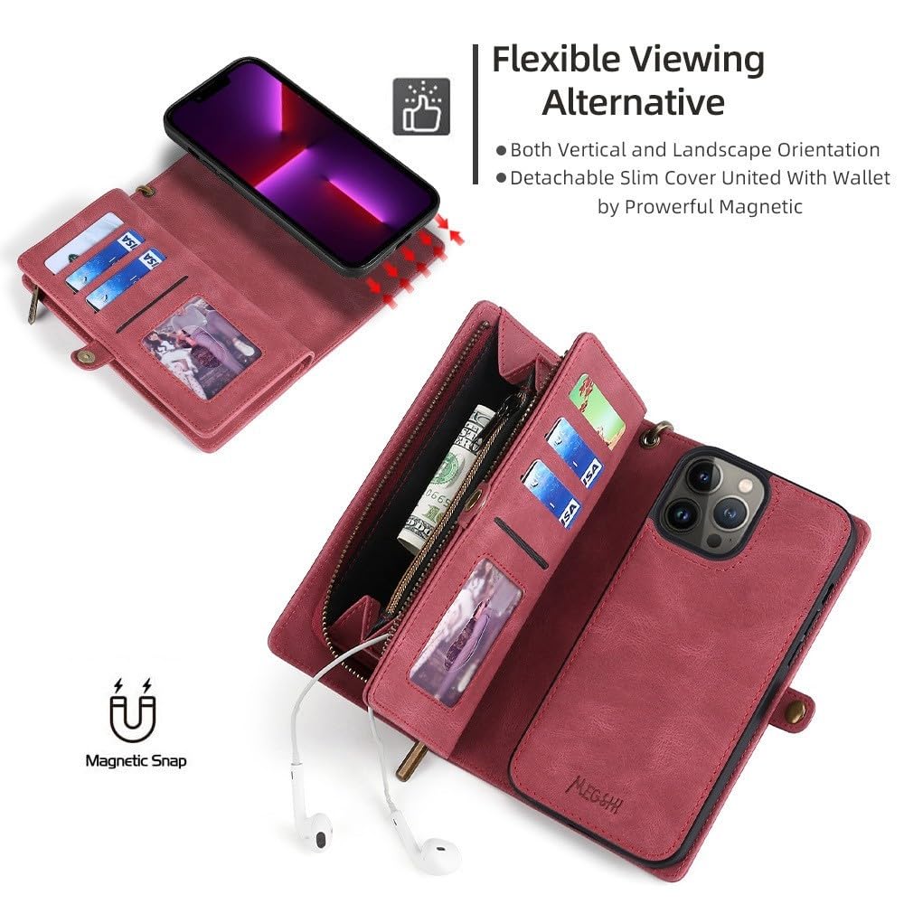 Generic Étui compatible avec iPhone 12/12 Pro (couleur : noir) Multi portefeuille fentes pour cartes Fermeture éclair Rabat en cuir Étui arrière amovible Aimant