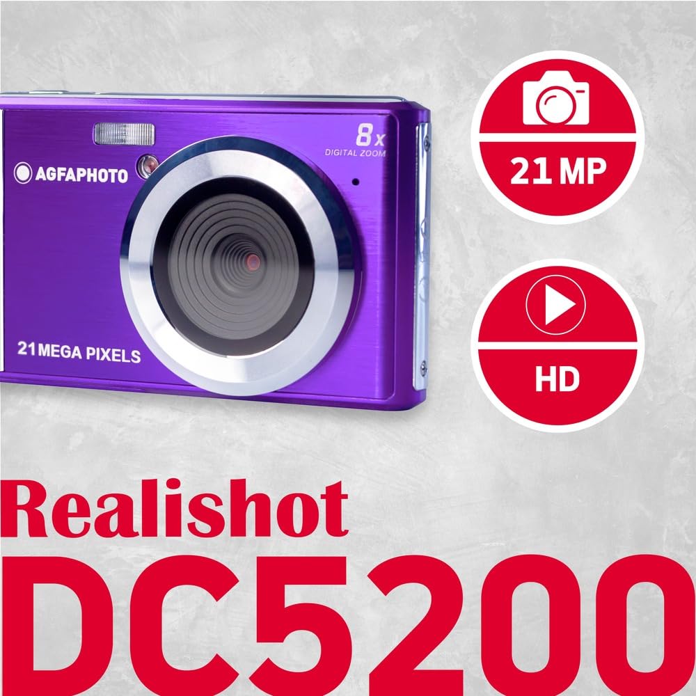 AGFA PHOTO Realishot DC5200 - Kompaktes Digitalkamera, 21MP, 2,4” LCD-Bildschirm, 8x Digitalzoom, HD 720p Video, Lithiumbatterie, SD-Karten, Szenenmodi - Violett