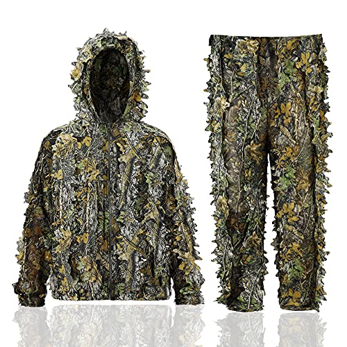 Tonahutu Ghillie Suit for Men 3D Leafy Camo Hunting Suit Lightweight Hooded Camouflage Hunting Suit Breathable Jacket & Pants for Outdoor, Jungle Hunting, Halloween Costume