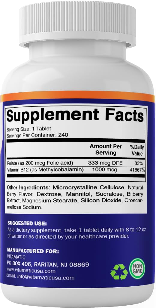Vitamatic Methyl B12 1000 mcg with Folic Acid – Natural Berry Flavor – 240 Fast Dissolve Tablets – Methylcobalamin Vitamin B12 for Energy & Nervous System Support – Vegan & Non-GMO Supplement — Amazon image 8