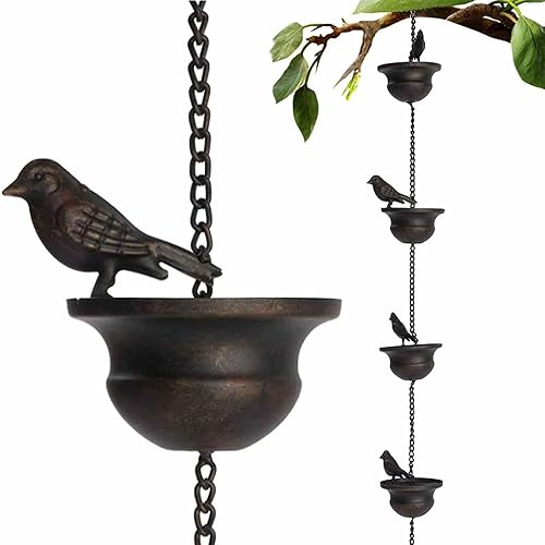 2.4m Rain Chain With Birds & Lotus Design - Metal, Decorative Gutter Alternative, Includes Hook