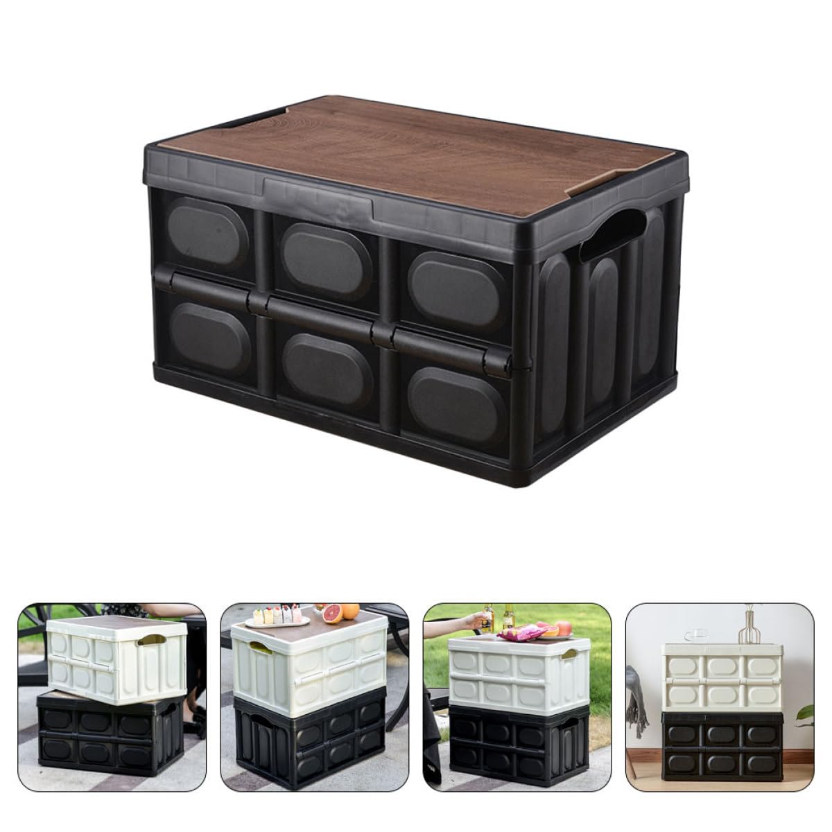 Kofferraum Organizer Faltbare Aufbewahrungsbox mit Holzdeckel Robuste Kunststoffbox 30l Volumen Multifunktionale Aufbewahrungsorganizer mit Fächern für Fahrzeug und Picknick